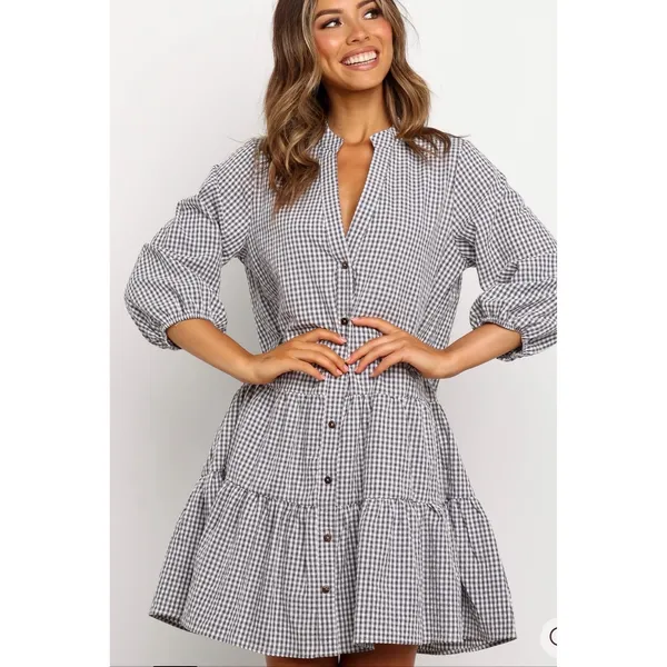 Petal + Pup Shirt Dress Women S/M Peach Gingham‎ Cottagecore Tiered Mini Button - Image 2