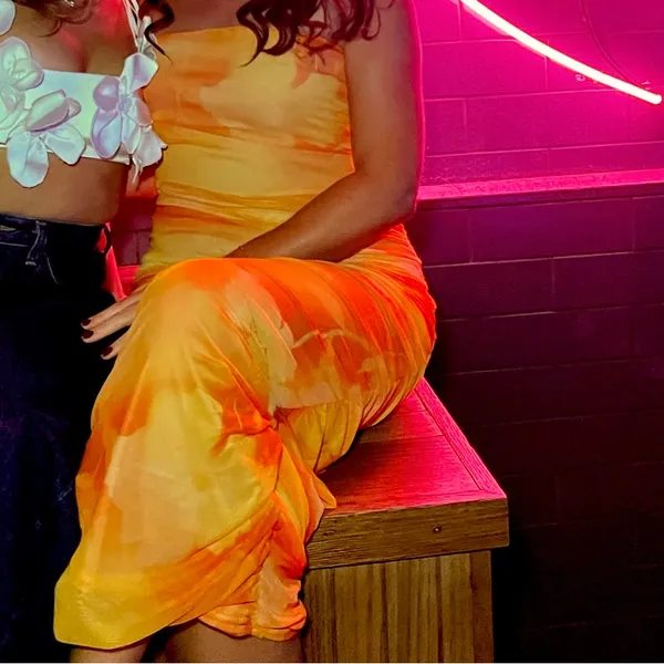 PrettyLittleThing Orange Floral Mesh Bandeau Ruched maxi dress size 2 - Image 9