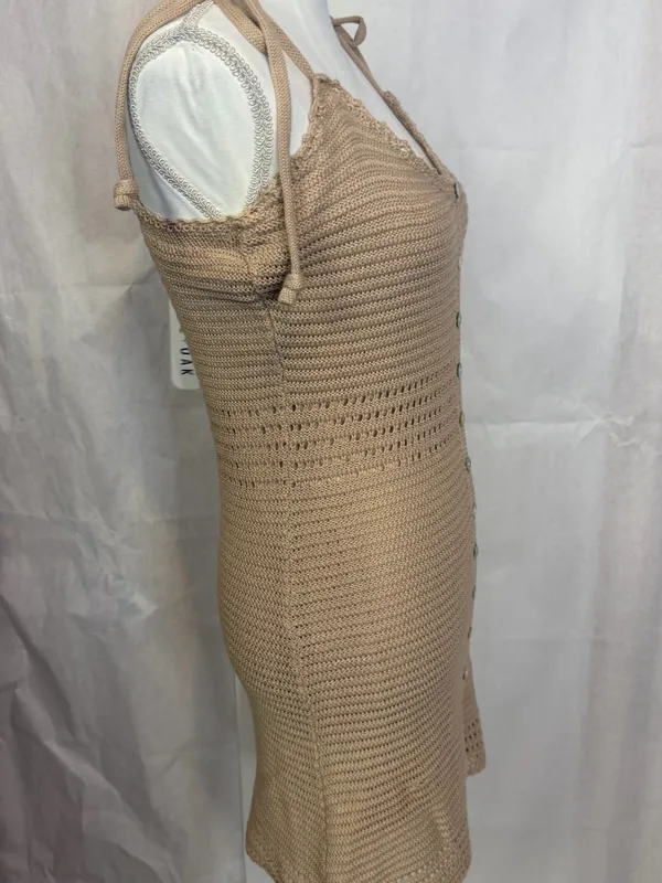 Tie-Shoulder Knit Mini Dress in Tan - Image 6