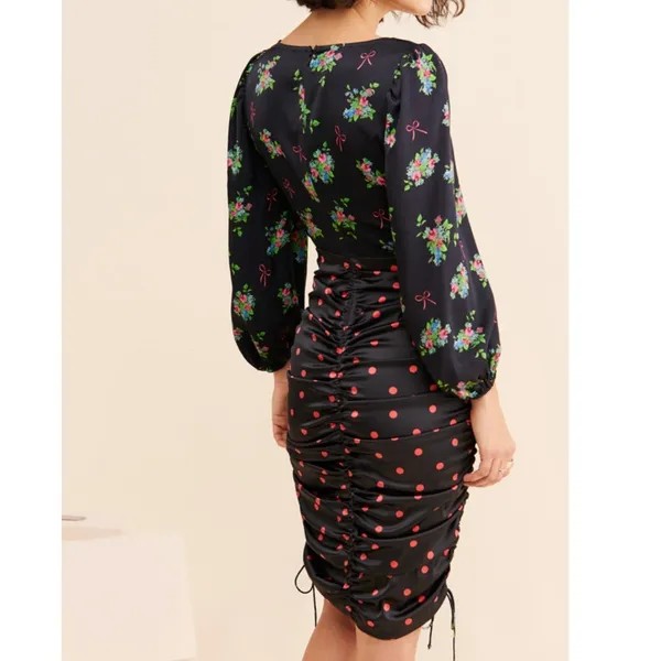 For Love‎ & Lemons Wilson Print Dress Small Black Floral Polka Dot Ruched Mini - Image 2