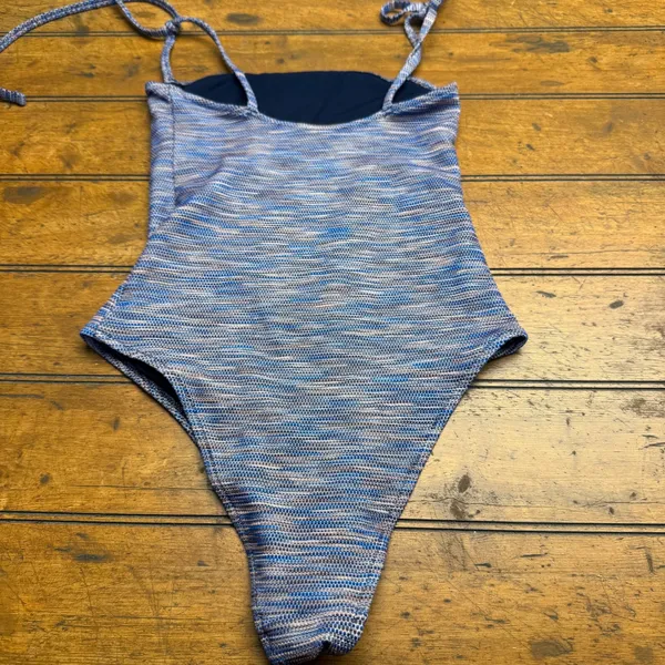 Aerie One Piece Cheeky Swimsuit Blue Textured Knit String‎ Tie XS - Image 5
