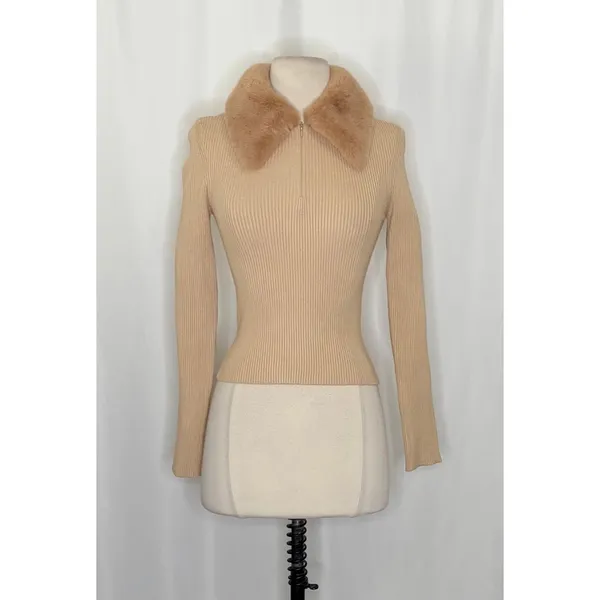 NWT!! ZARA Faux Fur Lapel Knit Sweater Tan‎ Light Brown Zipper Pullover Small - Image 2