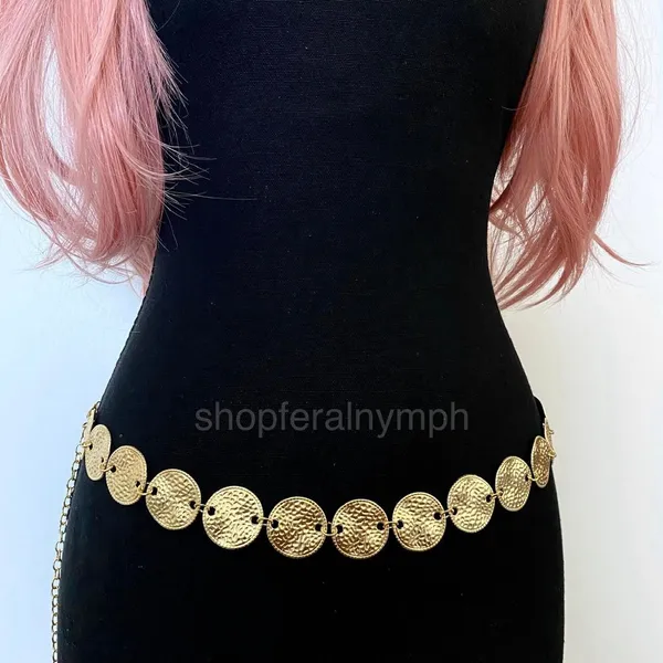 Gold Y2K Hammered Coin Disc Waist Chain Belt, Fits 17 to 39 Inches, X7GA1365 - Image 3