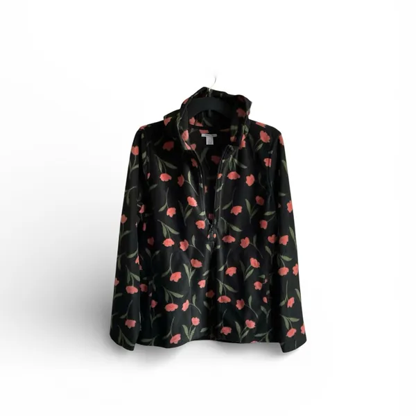 O’Neill‎ Black Floral Half-ZipFleece Pullover with Pink Tulips - Image 2