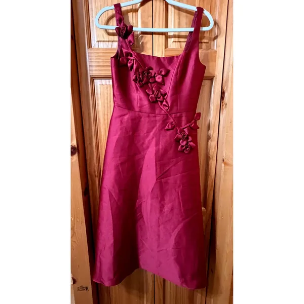 Adrianna‎ Papell Mikado 3D Flower Midi Dress Plum Red Fit Flare Pockets Sz 4 - Image 3