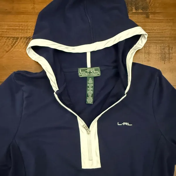 Lauren Ralph Lauren Active Hoodie Pullover Quarter Zip Navy White Trim Size M - Image 2