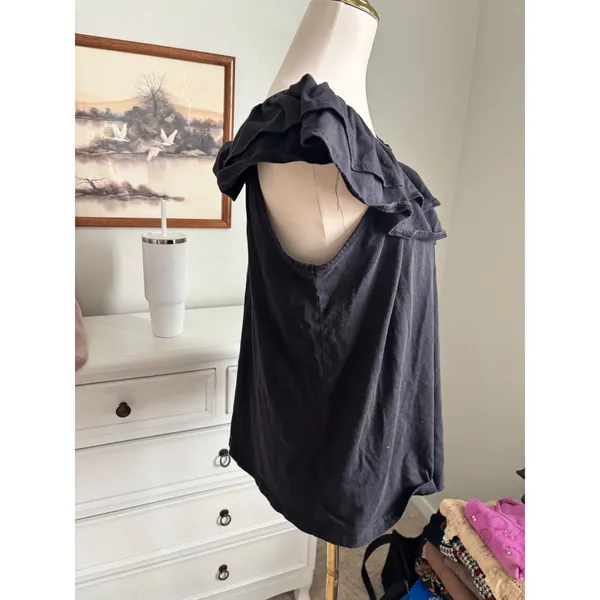 Route‎ 66 Black Ruffle Neck Top XL Vintage Y2K Boho Flutter Sleeve Cotton Blend - Image 3