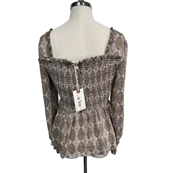 In Loom Blouse Women Small Brown Smocked‎ Square Neck Peplum Paisley - Image 9