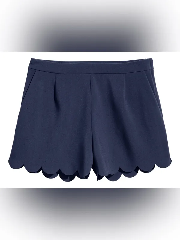 H&M Navy Scalloped High-Waist Shorts Size 6 Side Zip Pockets Like New - Image 2