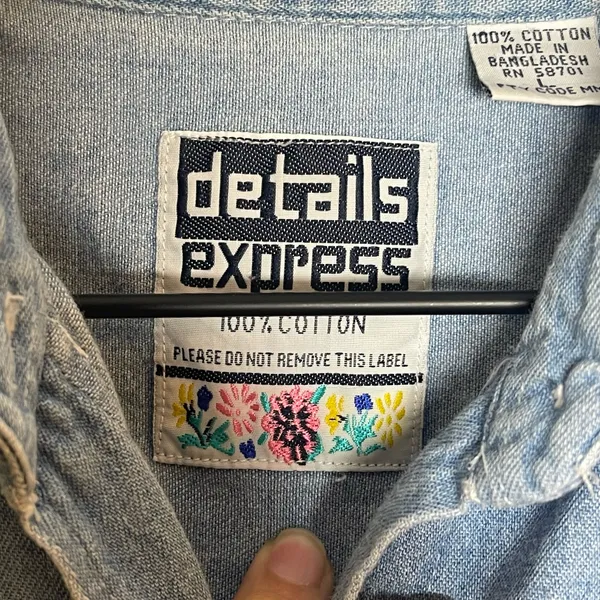 Vintage Details Express Tunic Shirt Women's Size Large‎ Blue Chambray Fringe 90s - Image 10