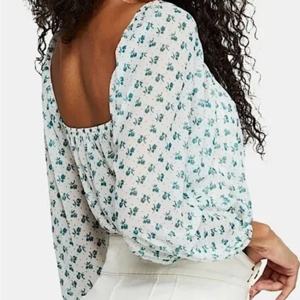 Free People Floral Deep V-Neck Blouse - White and green - Image 2