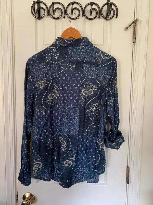 Retro RL Chaps Blue Mixed Media Cotton Button Down - Image 6