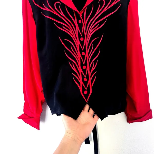 Vintage Bob Mackie 100% Silk Blouse Black Red Western Embroidered Flames 90s L - Image 4