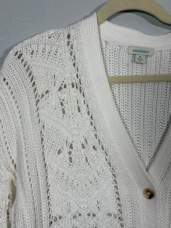 Sundance Women M White Hand Knit Cardigan Sweater 100% Cotton Cable Knit Pockets - Image 4