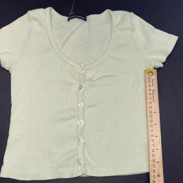 Brandi Melville Green Minimalist Full Button Cotton Crop Short Sleeve‎ Top 0 - Image 6