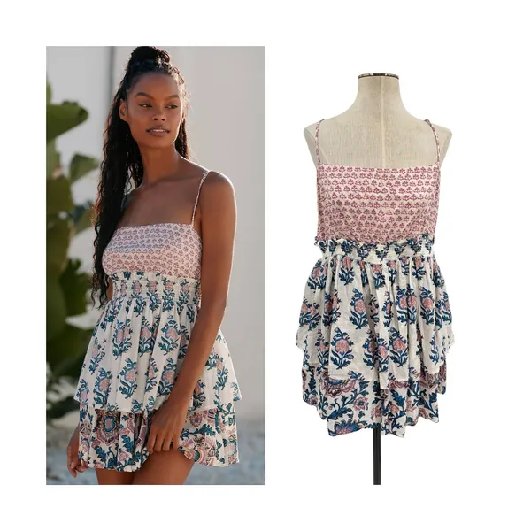 Anthropologie Celandine Straight Neck Tiered Floral Smocked Mini Dress XL - Image 2