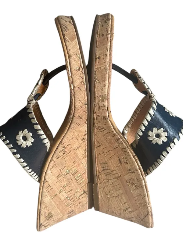 Jack Rogers Navy Blue Leather Cork Wedge Goldtone Flecked Thong Sandals 8 - Image 7