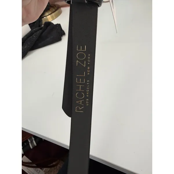 Rachel Zoe‎ Black Leather Belt High Shine Gold Interlocking Chain Link L NWT - Image 8