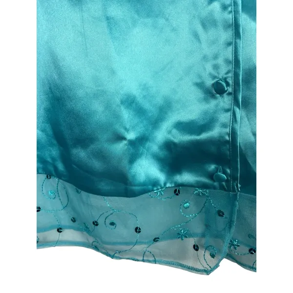 Aqua Blue Satin Feel Sleeveless Button Lace Top Shorts Pajama Set 1XLT - Image 6