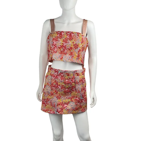 Lulus Floral Two Piece Set Crop Top Mini Skirt‎ Pink Yellow Red Medium M - Image 2