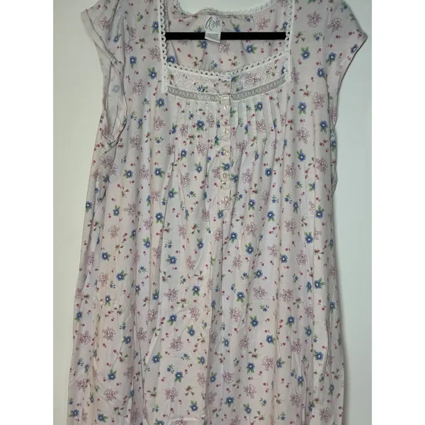 Aria cap-sleeve cotton nightgown pink & blue ditsy floral print lace trim 1X - Image 2
