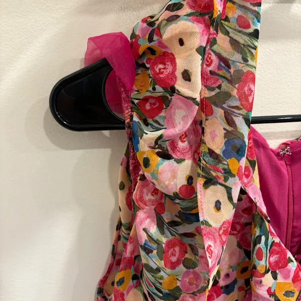 ASTR The Label Vilma Floral Ruched Ruffle Midi Dress‎ Pink Multi Large Preppy - Image 5