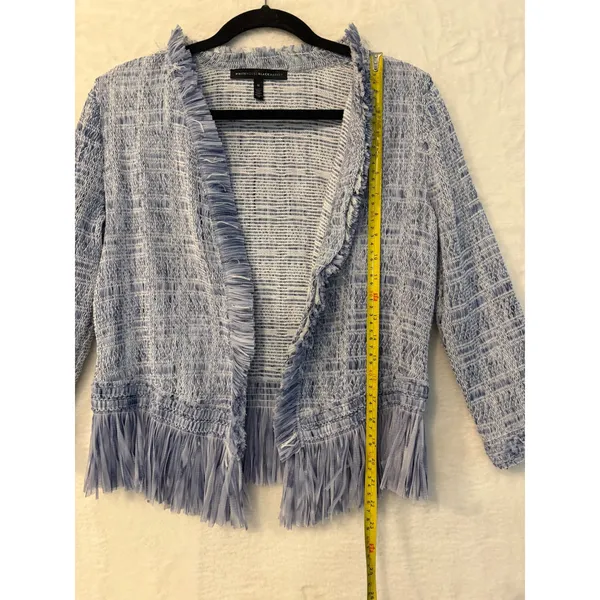 White House Black Market Blue Textured Fringe Open‎ Front Cardigan Medium - Image 2