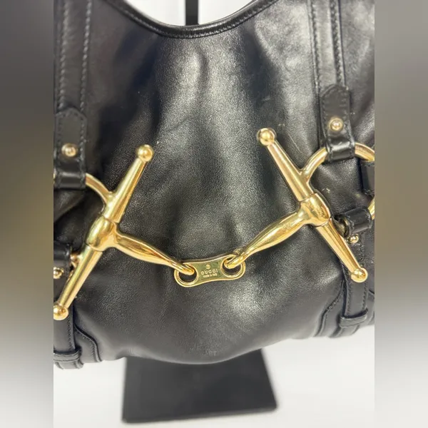 GUCCI Vintage BLACK LEATHER 85TH ANNIVERSARY GG MONOGRAM HOBO BAG - Image 3