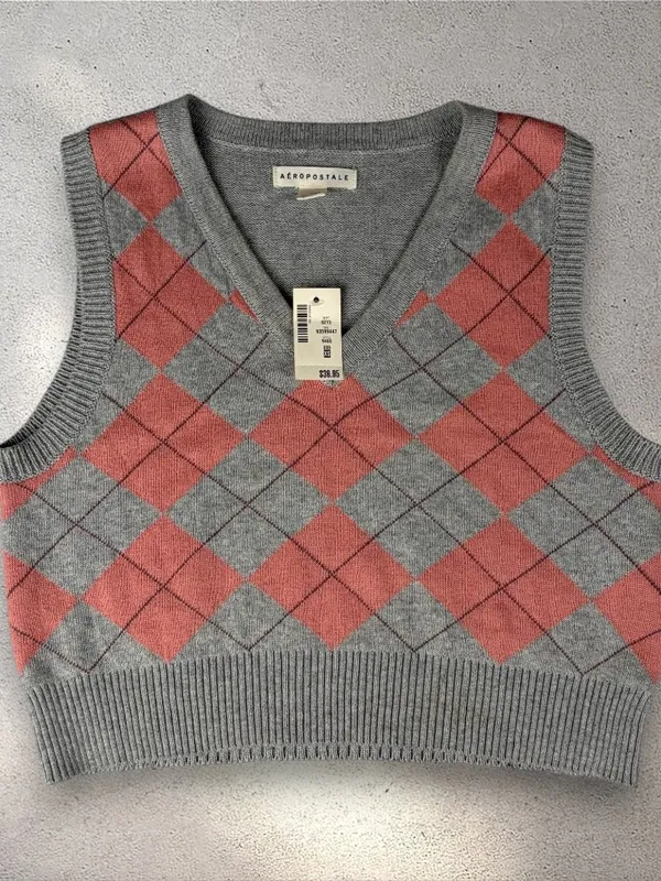 NWT Aeropostale Argyle Sweater Vest Women’s XS Pink & Gray Knit Preppy Academia - Image 3