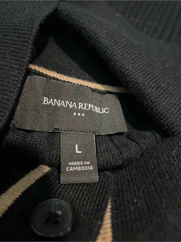 Banana Republic Black Ribbed Button-Front Cardigan with Tan Trim - Image 2