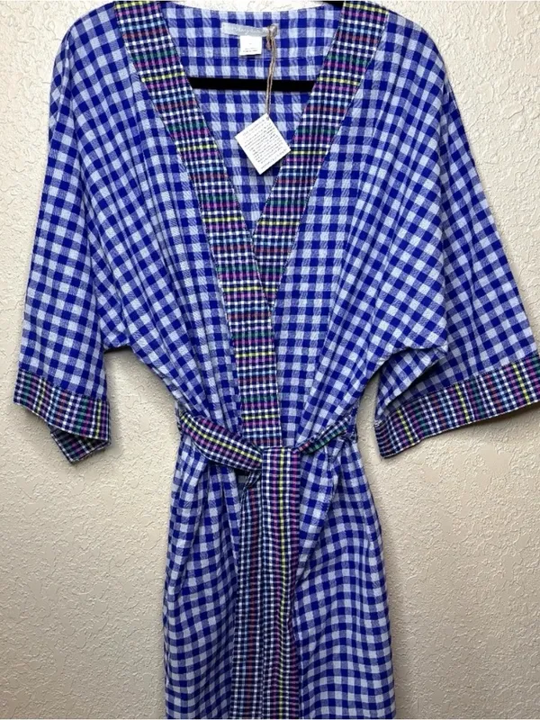 Noonday Collection Blue White Gingham Checked Kimono Robe Size M/L - Image 2