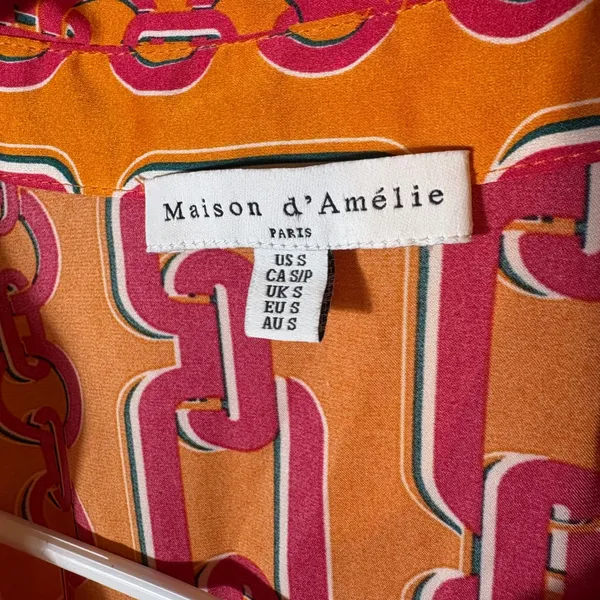 Maison d'Amelie Chain Print‎ Blouse Top Orange Pink Long Sleeve Size Small - Image 2