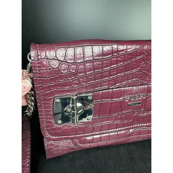 GUESS Handbag Shoulder Bag Y2K Purse Plum Alligator Skin‎ Style Silver Chain - Image 10