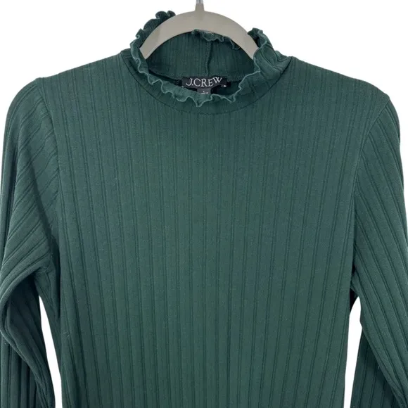 J. Crew Dark Green Ribbed Ruffle Neck Mock Neck Long Sleeve‎ Top Feminine Winter - Image 5