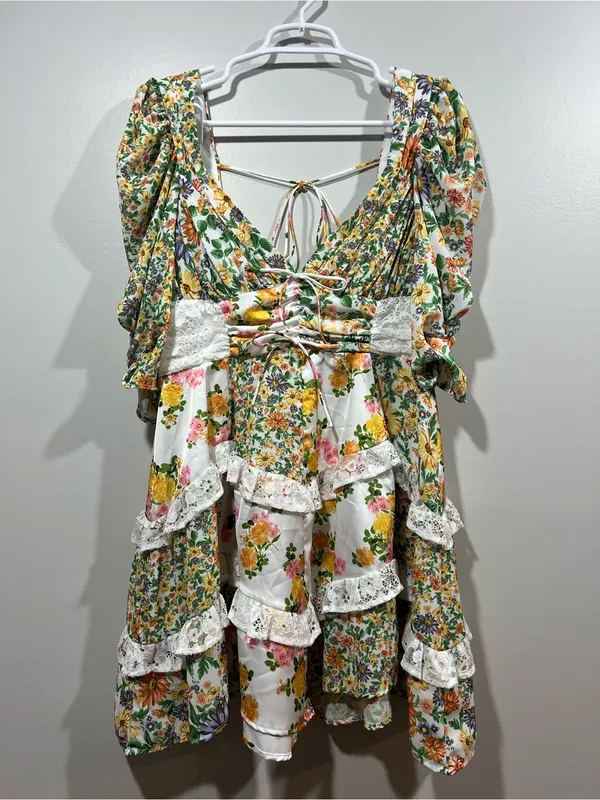 For Love & Lemons Rosalyn Yellow and Green Floral Lace-Trim Mini Dress Large - Image 2