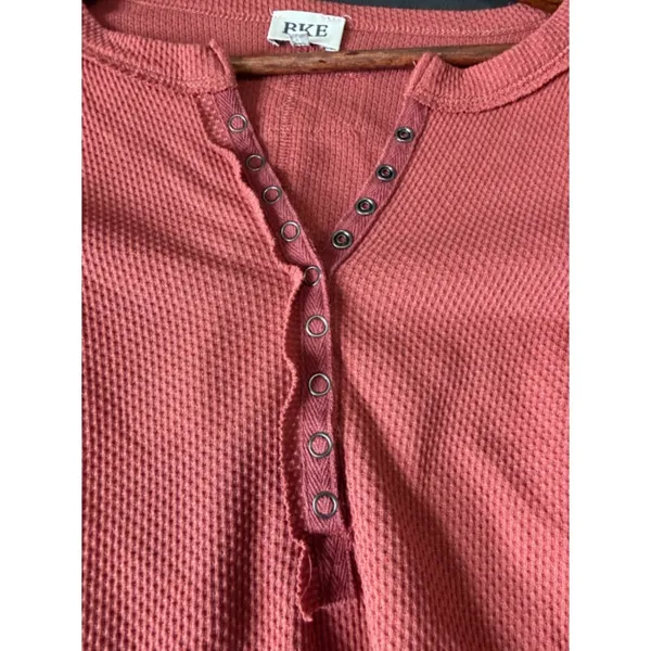 BKE Henley Top Red Waffle Cable Knit Boho Textured Long Sleeve Thermal Small - Image 9