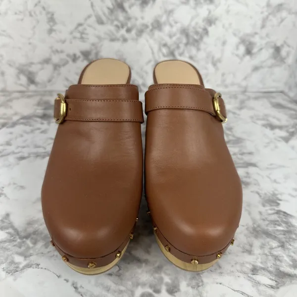 Veronica Beard Hendrix Brown Leather Platform Clogs 10.5 Wooden Block Heel Mules - Image 2