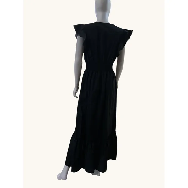Molly Bracken Black Cotton Ruffle Maxi Dress Smocked Waist V-Neck‎ Size M - Image 14