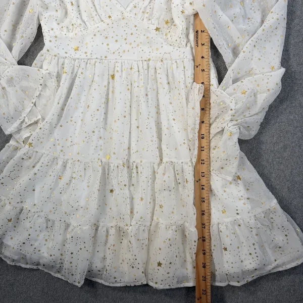 Altard State White Gold Star Tiered Ruffle Mini Dress Size Medium Puff Sleeve - Image 7