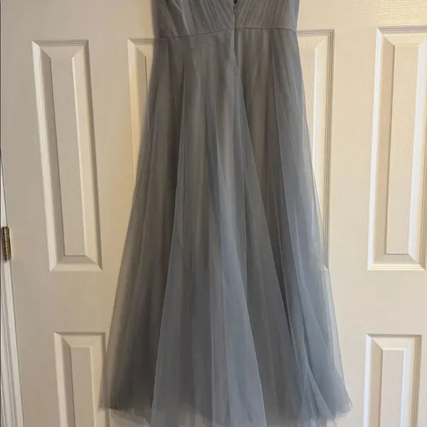 W Too by Watters Long Tulle Bridesmaid Dress Slate Gray BlueSize 6 V-Neck Gown - Image 5