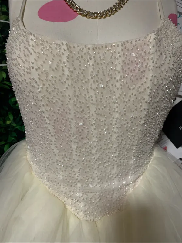 Oh Polly White Corset Ivory Beaded Tulle Spaghetti-Strap Dress - Image 9