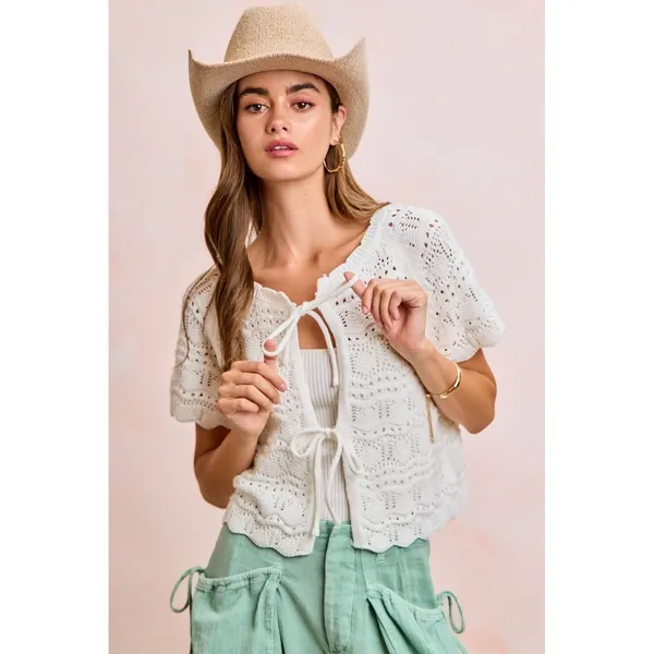 BiBi Front Bow Tie Detail Pointelle Knit Top - Ivory - XL - Image 8