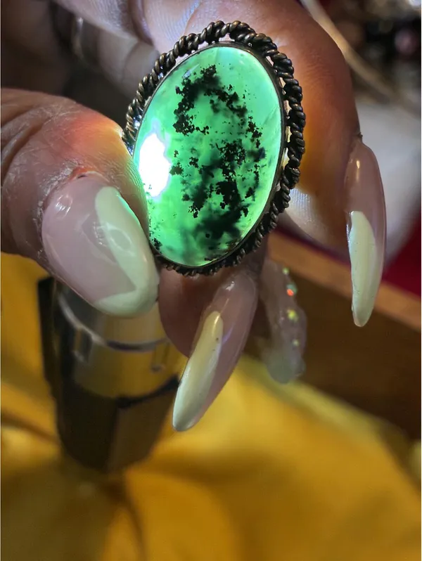 Vintage Southwestern Black Jade Silver Tone Oval Cabochon Twisted Rope Bezel - Image 6