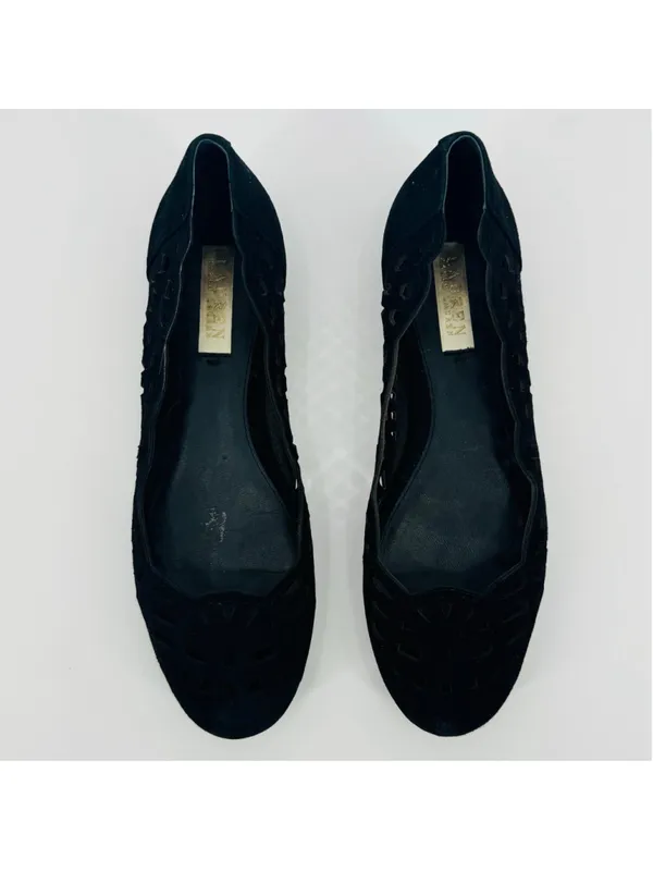 Lauren Ralph Lauren Caley Black Suede Leather Laser Cut Flats Size 8 - Image 2