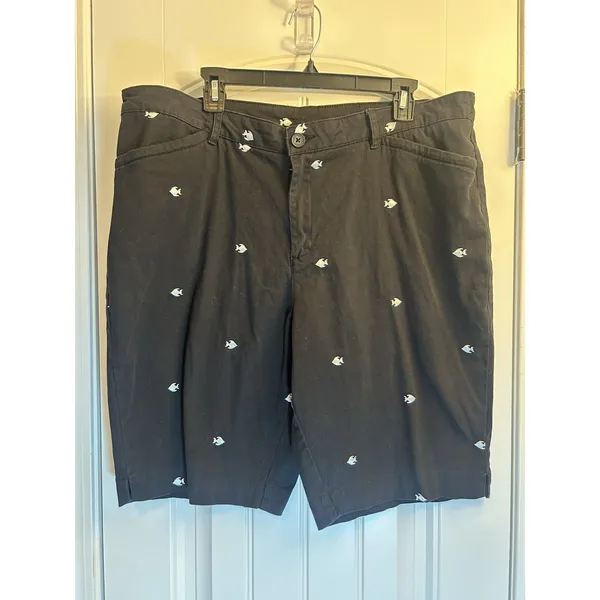 Basic Editions Black Fish Embroidered Bermuda Shorts XL Stretch Coastal Fun - Image 2
