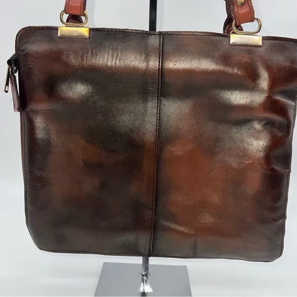 Vintage Don Quixote Brown Leather Satchel Purse w/Gold Trim Top Zipper Closure - Image 4