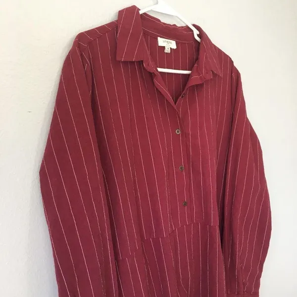 Umgee • Red Striped Long Sleeve Shirt Dress with Pockets Fringe Hem Medium - Image 12