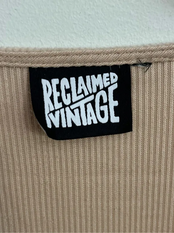 Reclaimed Vintage Brown Tan Ribbed Corduroy Short Sleeve Button Dress Medium - Image 7