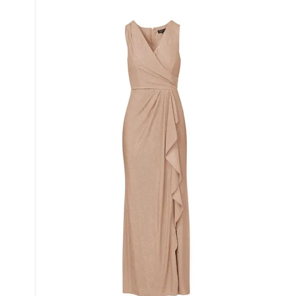 Papell Studio Metallic Draped Knit Dress Gown V-Neck NWT US 12 Beige Biscotti - Image 2