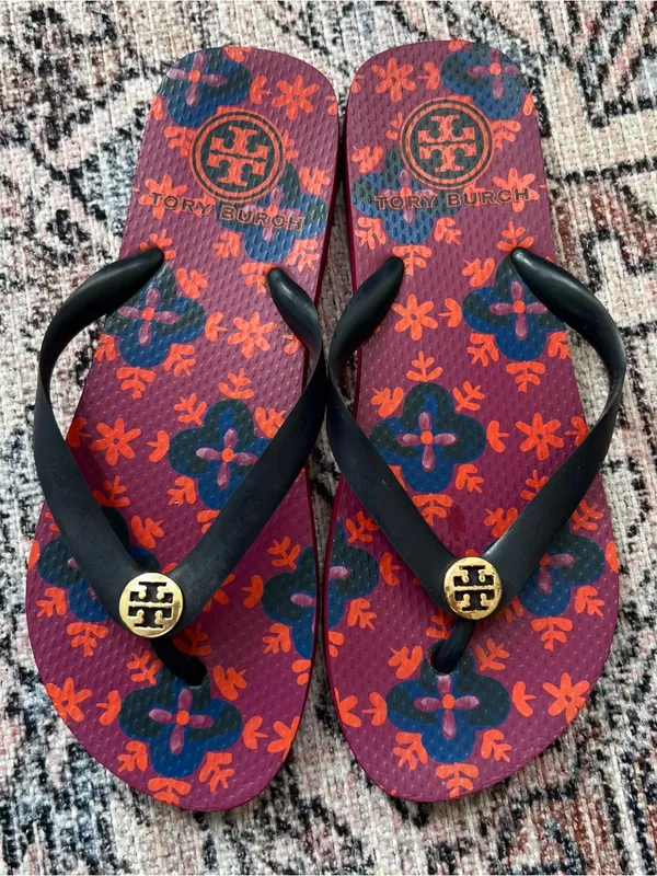 TORY BURCH Flip Flops Women’s Size 8 Magenta and Blue Thong Strap Beach Sandals - Image 4